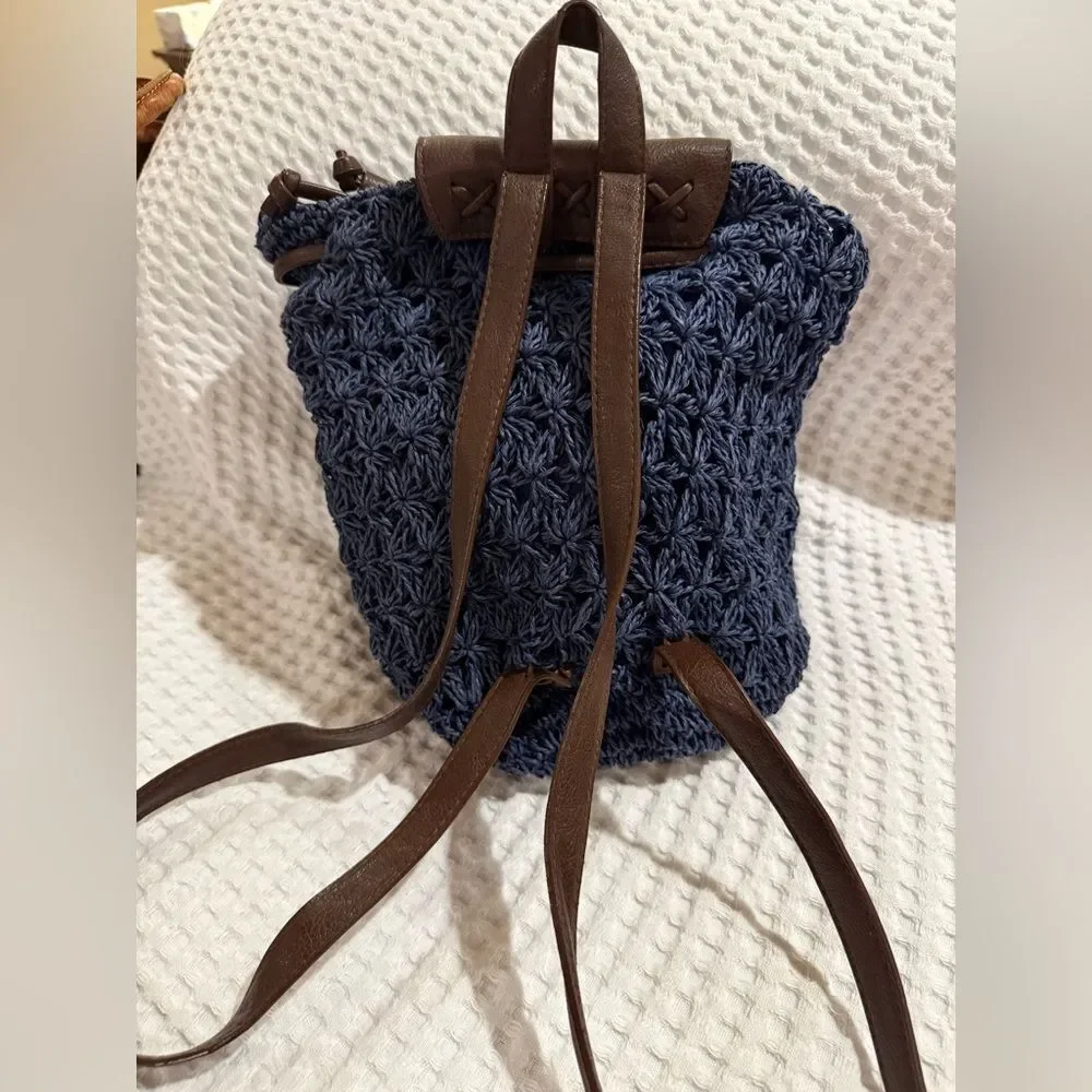 Cappelli Straworld Navy Crochet Toyo Backpack with Brown Leather Accents